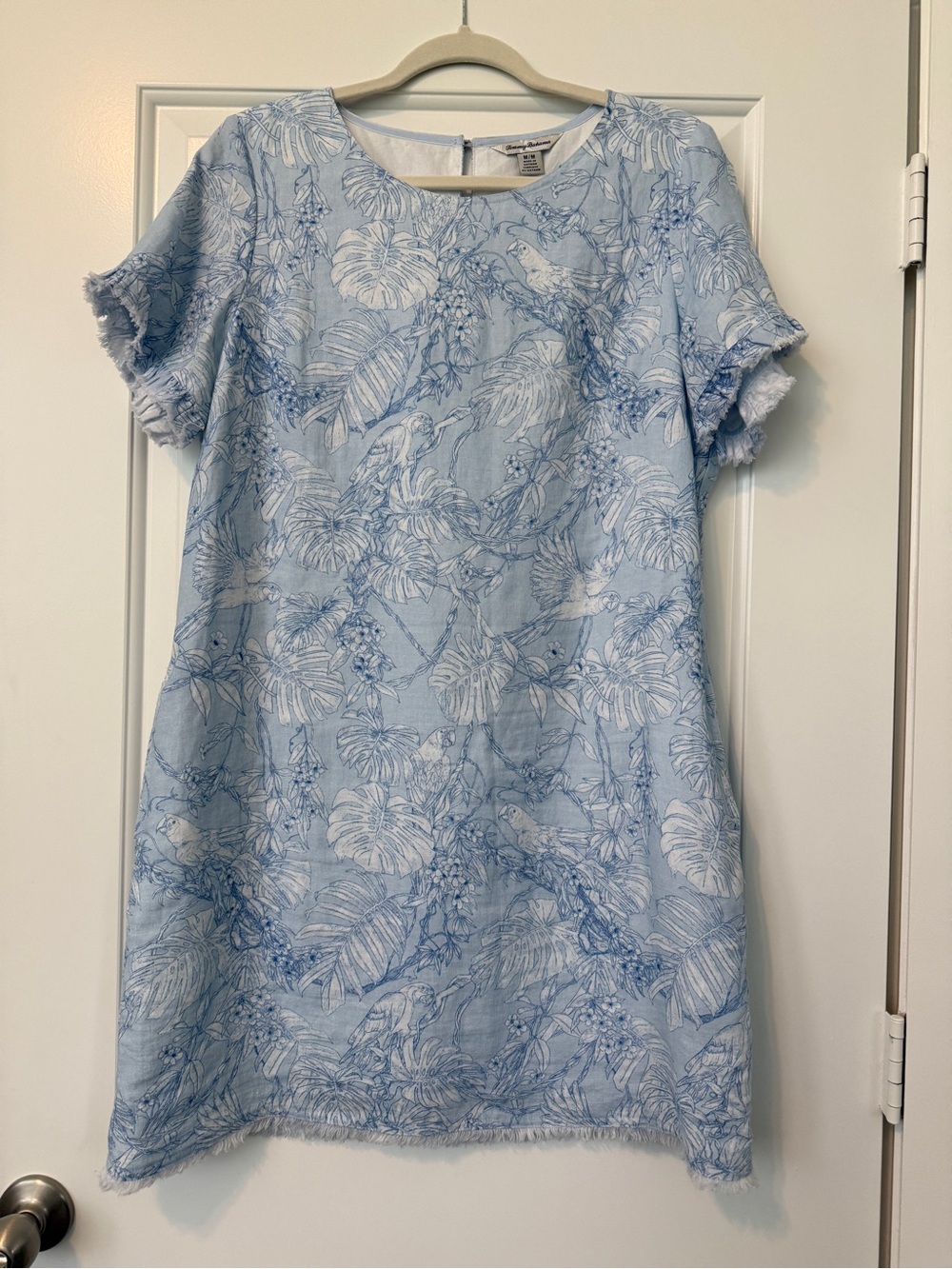 Tommy Bahama Island Breeze Ruffle Sleeve Linen Blue Tropical Dress Pockets  M
